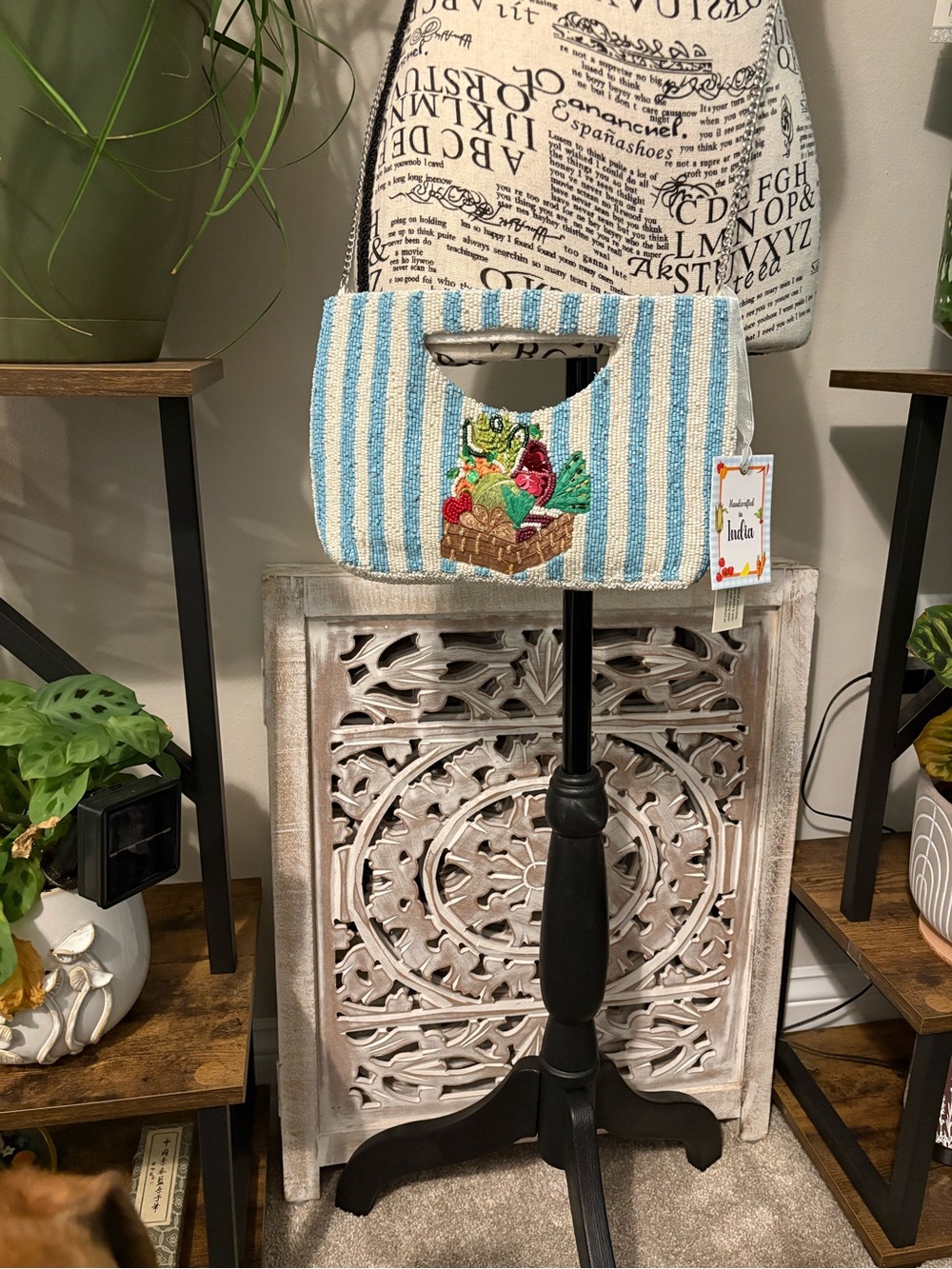 Blue and White Striped Handbag with Fruit Embroidery